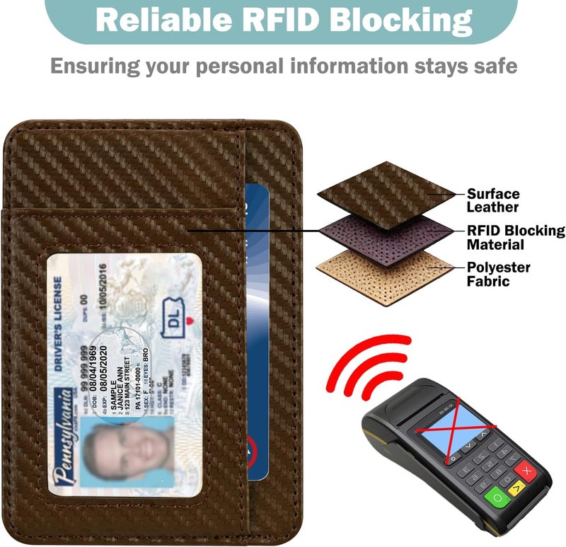 Hot Cool Slim Wallet for Men, Minimalist Front Pocket Simple Leather Credit Card Holder RFID Blocking for Men & Women, Thin Organizer Gifts, Carbon Fiber - Brown - Image 4