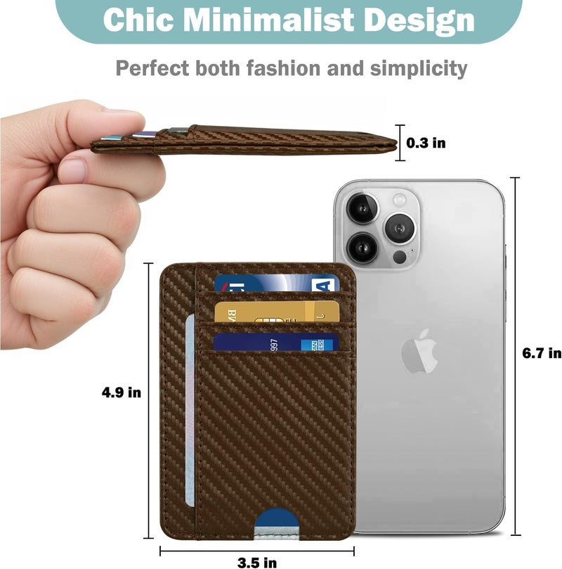 Hot Cool Slim Wallet for Men, Minimalist Front Pocket Simple Leather Credit Card Holder RFID Blocking for Men & Women, Thin Organizer Gifts, Carbon Fiber - Brown - Image 3