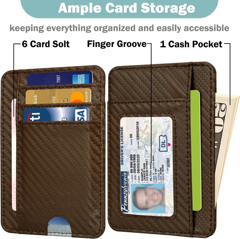 Hot Cool Slim Wallet for Men, Minimalist Front Pocket Simple Leather Credit Card Holder RFID Blocking for Men & Women, Thin Organizer Gifts, Carbon Fiber - Brown - Image 2