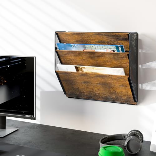 PAG Wall File Organizer for Office, 3-Tier Rustic Hanging File holder Wall Storage Rack for Documents/Magazine/Literature/File Folders/Mails/Envelopes, Brown - Image 4