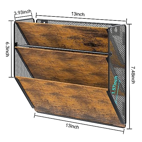PAG Wall File Organizer for Office, 3-Tier Rustic Hanging File holder Wall Storage Rack for Documents/Magazine/Literature/File Folders/Mails/Envelopes, Brown - Image 3