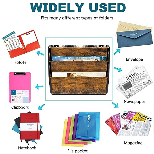 PAG Wall File Organizer for Office, 3-Tier Rustic Hanging File holder Wall Storage Rack for Documents/Magazine/Literature/File Folders/Mails/Envelopes, Brown - Image 2