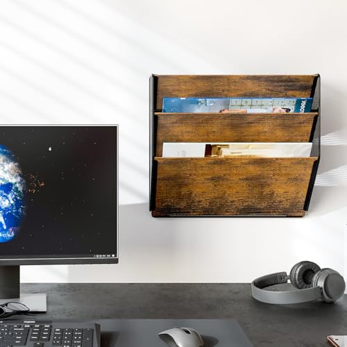 PAG Wall File Organizer for Office, 3-Tier Rustic Hanging File holder Wall Storage Rack for Documents/Magazine/Literature/File Folders/Mails/Envelopes, Brown - Image 5
