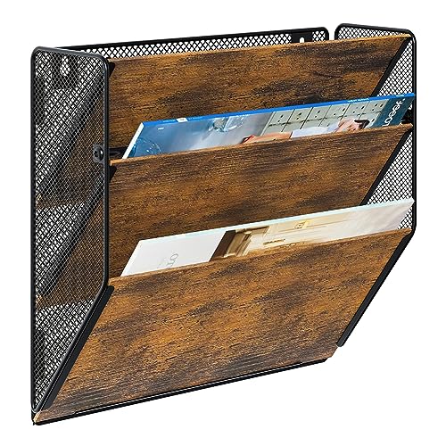 PAG Wall File Organizer for Office, 3-Tier Rustic Hanging File holder Wall Storage Rack for Documents/Magazine/Literature/File Folders/Mails/Envelopes, Brown - Image 1