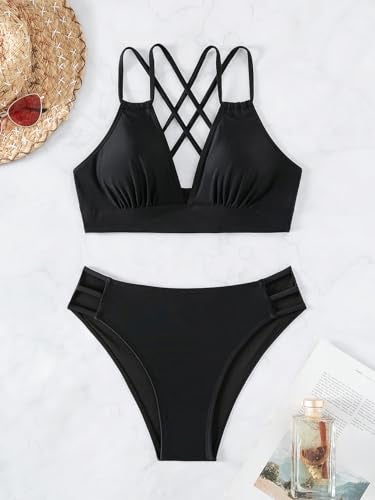 Tainehs Women's Push Up V Neck Bikini Sets Criss Cross Back Two Piece Bathing Suit Black - Image 4