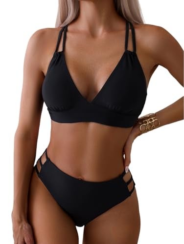 Tainehs Women's Push Up V Neck Bikini Sets Criss Cross Back Two Piece Bathing Suit Black - Image 1