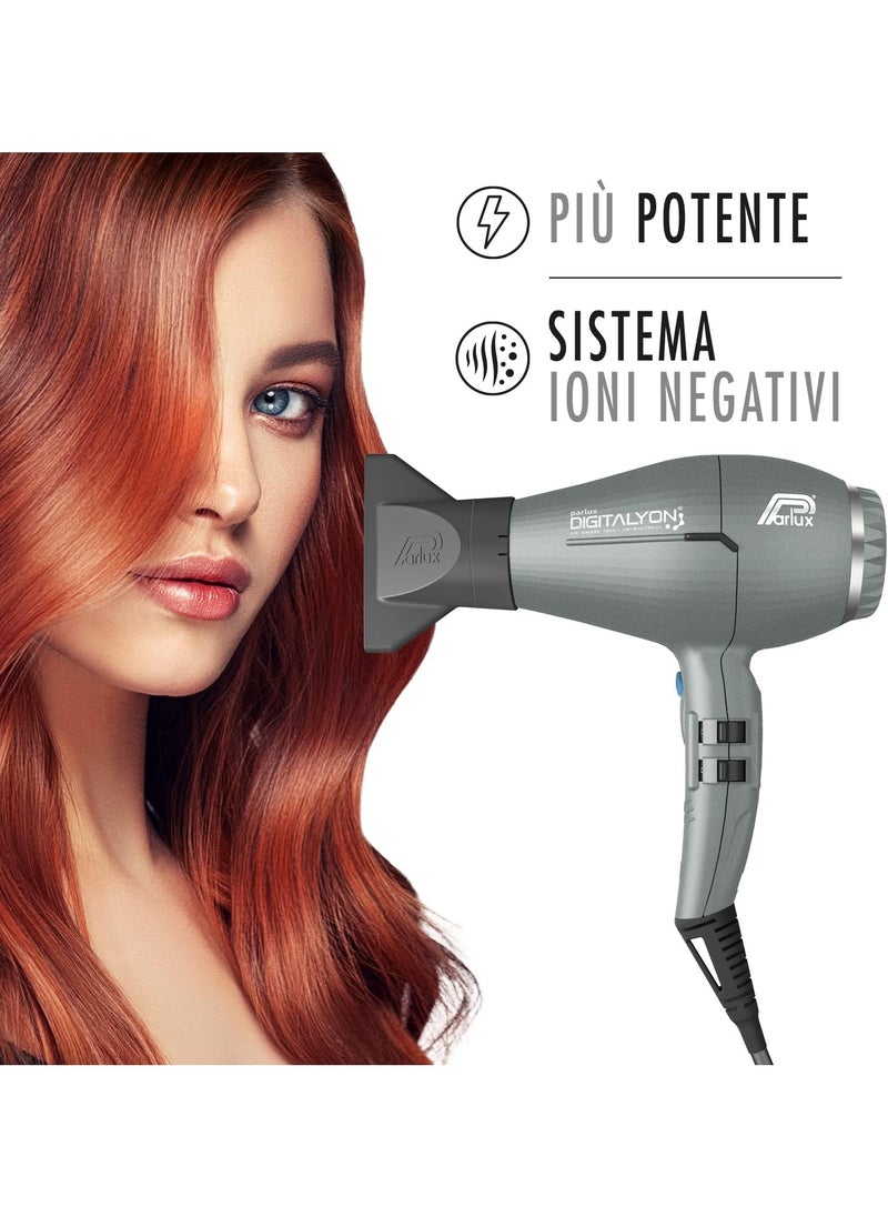 Parlux Digitalyon Professional Hair Dryer – 2400W Lightweight Blow Dryer with Negative Ions – Fast Drying, Quiet, and Durable for Salon & Home Use (Glitter Grey)
