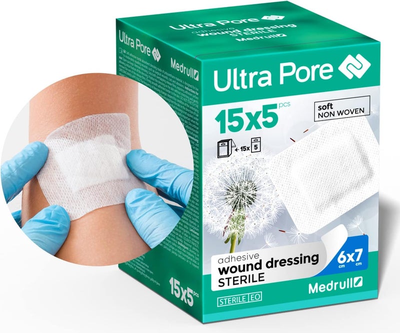 MEDRULL wound dressing, sterile, 6 x 7 cm, 75 pieces, individually packed, ultra pores, soft wound patch, strong bonding strength, protects against scratches in case of cuts - Image 1