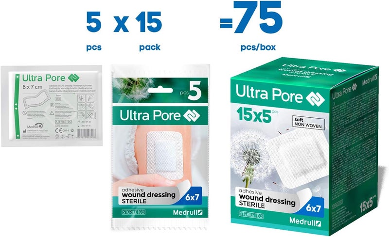 MEDRULL wound dressing, sterile, 6 x 7 cm, 75 pieces, individually packed, ultra pores, soft wound patch, strong bonding strength, protects against scratches in case of cuts - Image 4