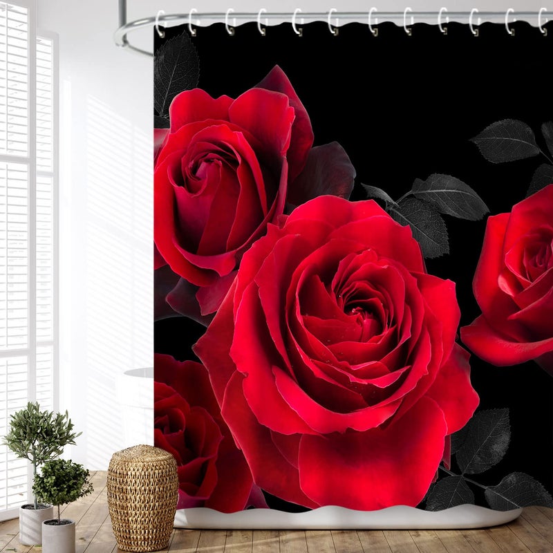LIVILAN Red Shower Curtain for Bathroom Rose Shower Curtain Black and Red Shower Curtains Red Rose Shower Curtain with Hooks Black Floral Flower Decorative Pretty Valentine Gift, 72" W x 72" H - Image 1