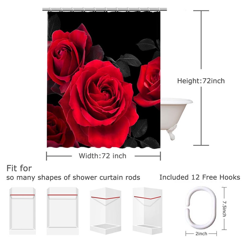 LIVILAN Red Shower Curtain for Bathroom Rose Shower Curtain Black and Red Shower Curtains Red Rose Shower Curtain with Hooks Black Floral Flower Decorative Pretty Valentine Gift, 72" W x 72" H - Image 4