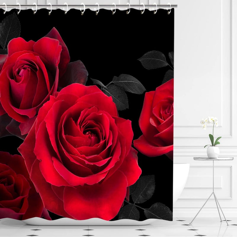 LIVILAN Red Shower Curtain for Bathroom Rose Shower Curtain Black and Red Shower Curtains Red Rose Shower Curtain with Hooks Black Floral Flower Decorative Pretty Valentine Gift, 72" W x 72" H - Image 2
