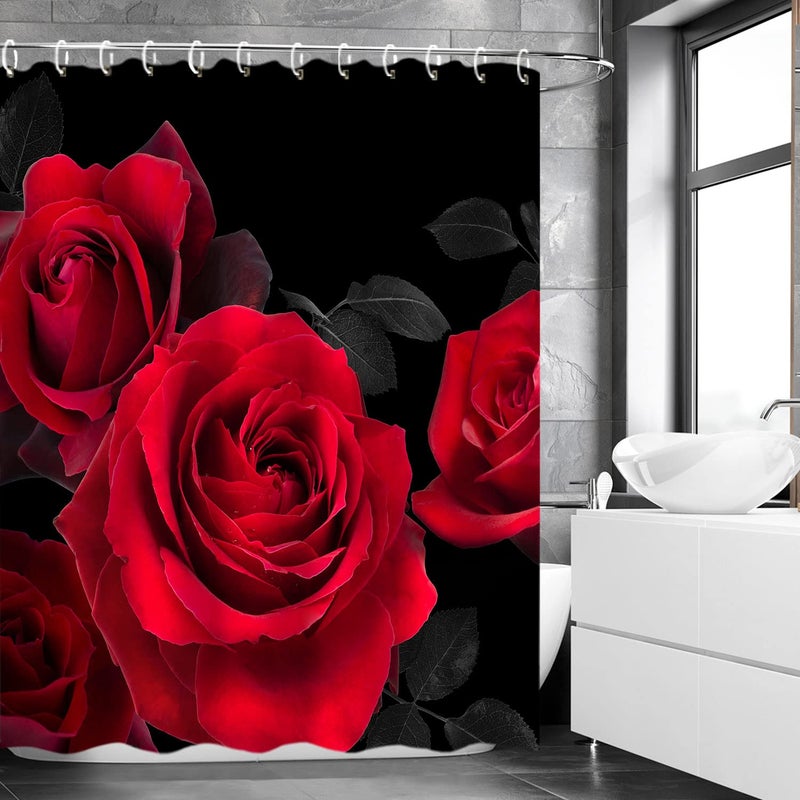 LIVILAN Red Shower Curtain for Bathroom Rose Shower Curtain Black and Red Shower Curtains Red Rose Shower Curtain with Hooks Black Floral Flower Decorative Pretty Valentine Gift, 72" W x 72" H - Image 3