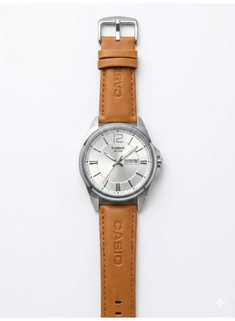 Casio Men's Enticer Analog Watch - Silver Dial & Brown Leather Strap