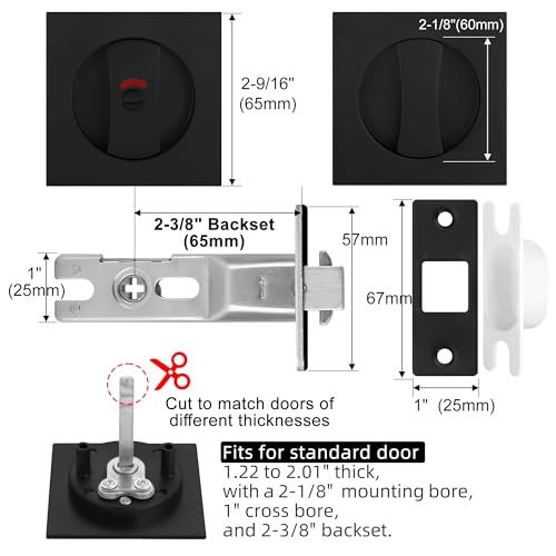 Malimali Pocket Door Lock, Matte Black Pocket Door Hardware Square Door Lock with Red-Green Indicators for Privacy Sliding Door Bifold Door Locks and Pulls Handles - Image 2