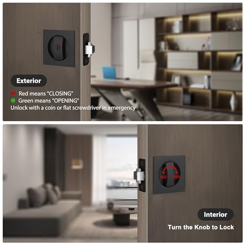 Malimali Pocket Door Lock, Matte Black Pocket Door Hardware Square Door Lock with Red-Green Indicators for Privacy Sliding Door Bifold Door Locks and Pulls Handles - Image 3