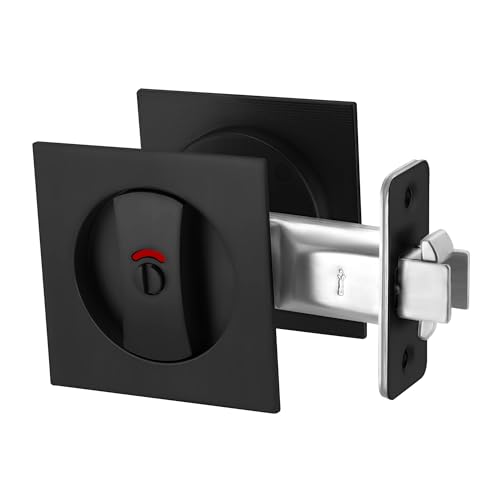 Malimali Pocket Door Lock, Matte Black Pocket Door Hardware Square Door Lock with Red-Green Indicators for Privacy Sliding Door Bifold Door Locks and Pulls Handles - Image 1
