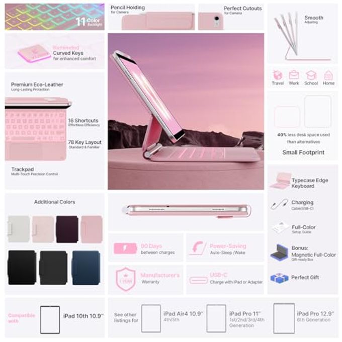 typecase Edge Keyboard Case For Ipad 11Th Gen A16 (2025) & 10Th Gen 10.9" (2022)  Multi-Touch Trackpad, 11-Color Backlit Magic-Style Keyboard  Floating Magnetic Stand, Pencil Holder  Light Pink - Image 3