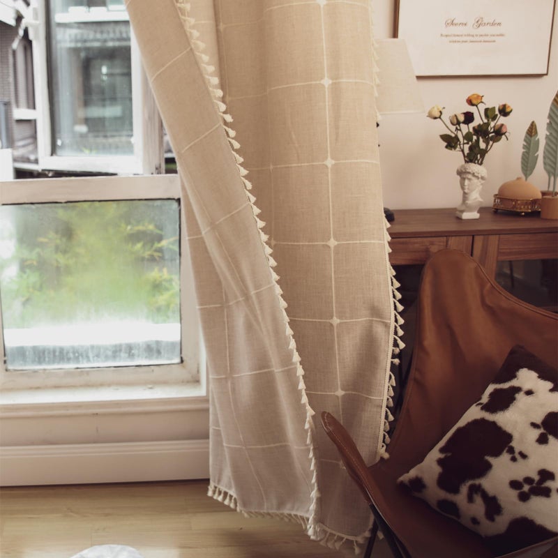 Deeprove Boho Curtains 108 Inches Length Bohemian Lattice Gingham Chic Burlap Embroidery Plaids  Vintage Tassels Home Decor Drapes Light Filtering Rod Pocket  1 Panel W52 x L108  Natural Linen - Image 5