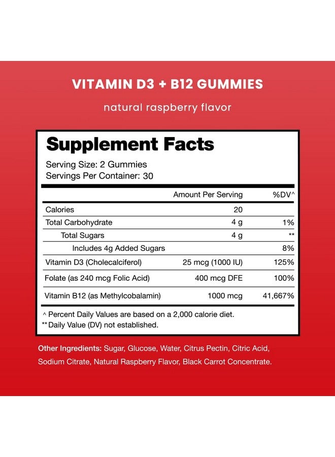 NutraChamps NutraChamps Vitamin D3 & B12, Methyl B12 Gummies for Adults & Kids, Enhanced with Vitamin D 3 & B9 Vitamin Folate, Natural Energy, Mood, Metabolism & Focus, Raspberry, 120 Gummies (Pack of 2) - Image 2