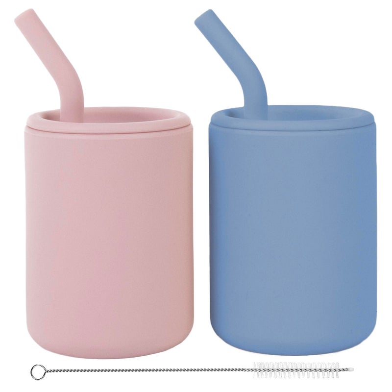 WeeSprout Silicone Baby Cups With Straws and Lids, 4 & 8 oz Options, Set of 2, Food Grade Toddler Training Container, Built In Straw Stoppers, Measurement Markings, Dishwasher Safe + Straw Cleaner - Image 1
