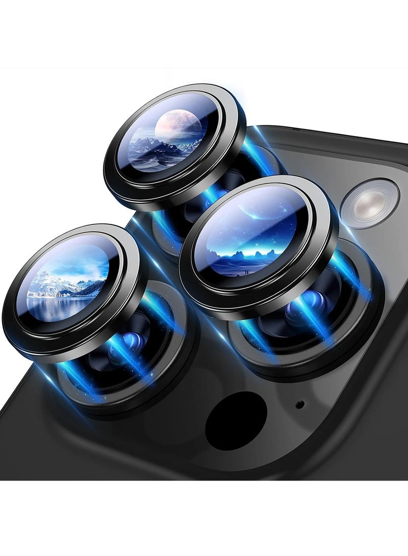 HEXABEX 3PC Pack iPhone 15 Pro Max Camera Lens Protector, Metal Ring Tempered Glass Camera Lens Protectors for iPhone 15 Pro Max Black  - Image 1