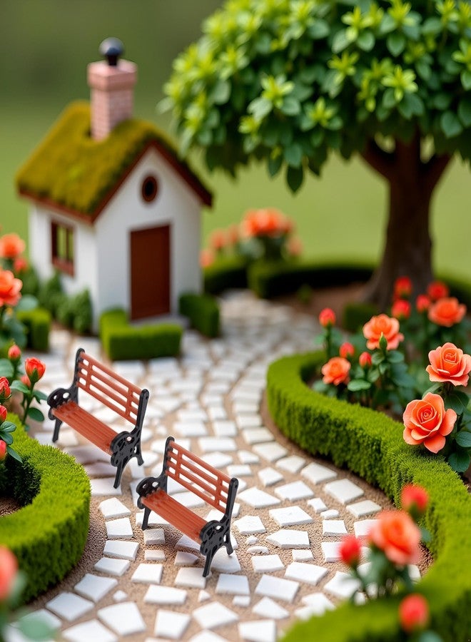WaigN 2Pcs Brown Miniature Park Bench Set, Street Seats and Garden Ornaments for Dollhouse and Fairy Garden Decor, Mini Bench Chairs for Train Platform, Playhouse, and Micro Landscape Decoration (1.1Inch) - Image 2