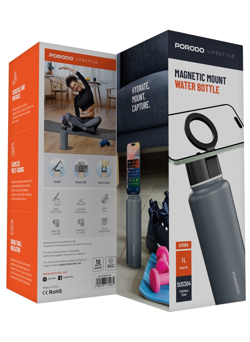 porodo Water Bottle with Magnetic Mount 1L /  Magsafe / Stable / Double Wall / Keeps Cold and Warm / with Straw / Bottle for Gym/ Workout/Outdoor/Camping & Hiking - Grey - Image 3