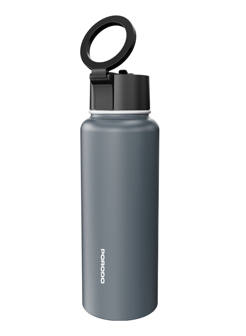 porodo Water Bottle with Magnetic Mount 1L /  Magsafe / Stable / Double Wall / Keeps Cold and Warm / with Straw / Bottle for Gym/ Workout/Outdoor/Camping & Hiking - Grey - Image 2