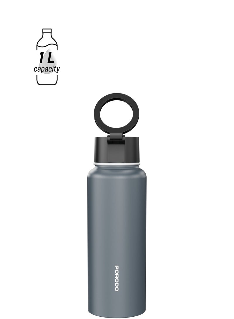 porodo Water Bottle with Magnetic Mount 1L /  Magsafe / Stable / Double Wall / Keeps Cold and Warm / with Straw / Bottle for Gym/ Workout/Outdoor/Camping & Hiking - Grey - Image 1