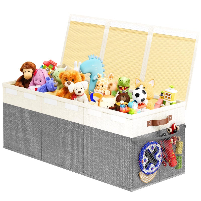 Dayacoco Extra Large Toy Box Chest with Lids, Collapsible Sturdy Kids Toy Storage Organizer Boxes for Boys Girls, Collapsible Sturdy Toys Chest Storage Organizer Bin Basket,40"X14"X16", Gray & White - Image 1