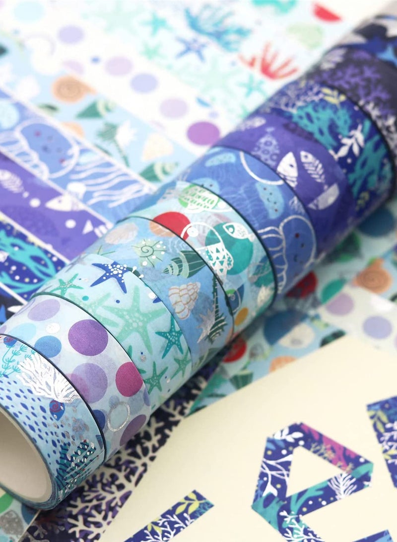 Ocean Blue Washi Tape Set 10 Rolls Silver Foil Print Decorative Masking Tapes for Arts, DIY Crafts, Bullet Journals, Planners, Scrapbook, Wrapping (Navy Silver) - Image 3