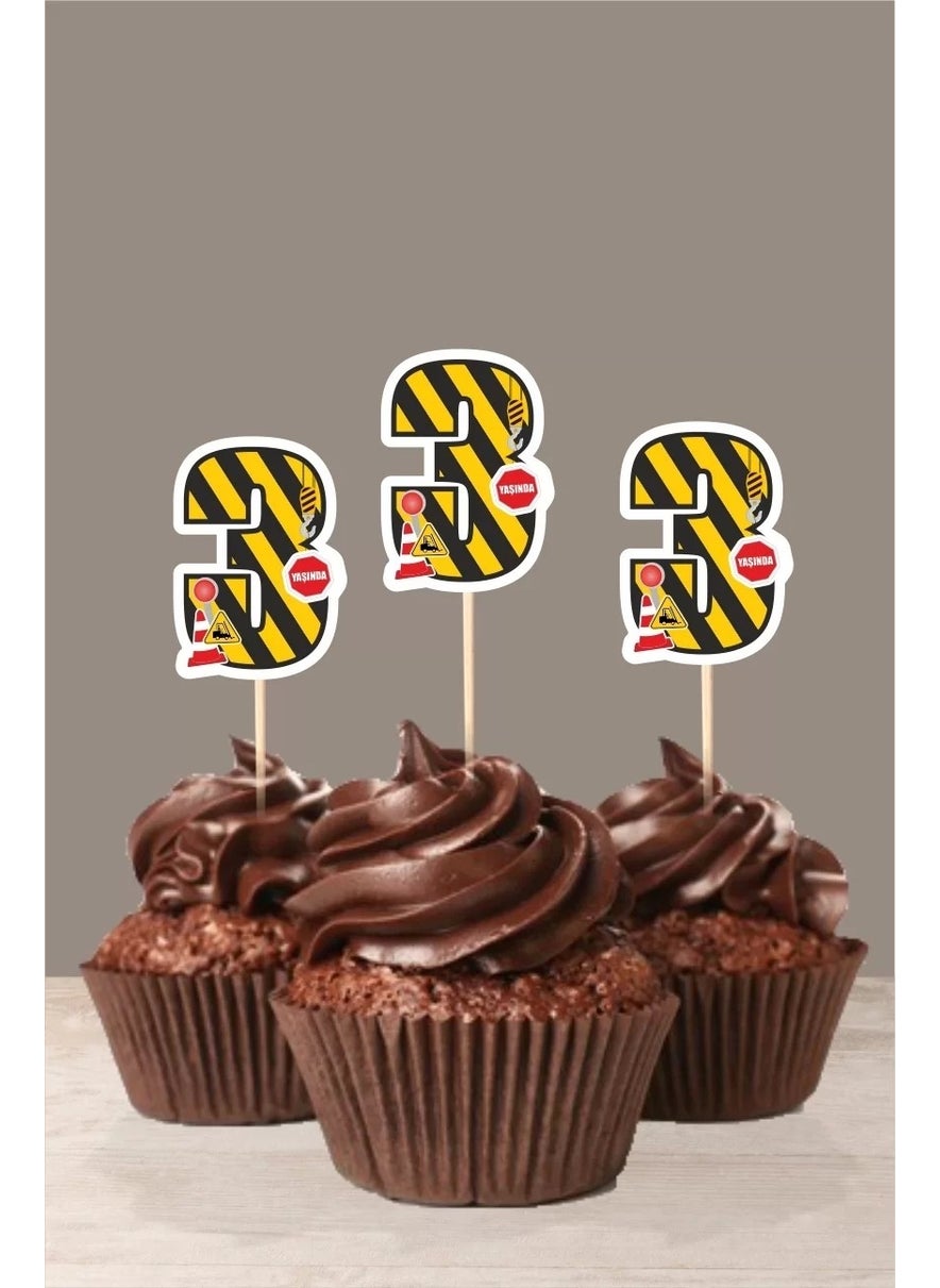 Neşeli Günlerim Happy Days Construction Machinery Themed * 3 (Three) Years Old Cupcake Decoration '10LU 