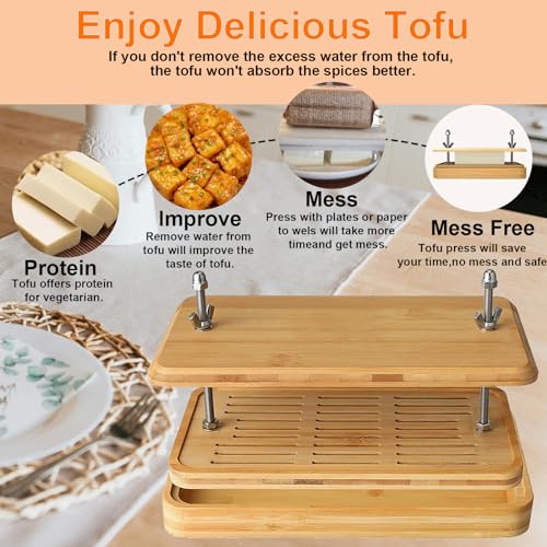 Glowgath Tofu Press,Large Bamboo Tofu Press with Tofu Strainer,Drip Tray and Cheesecloth, BPA Free,Easy to Clean,Easily Remove Water from Silken/Firm/Extra Firm Tofu,Great Gift for Tofu Lover - Image 5