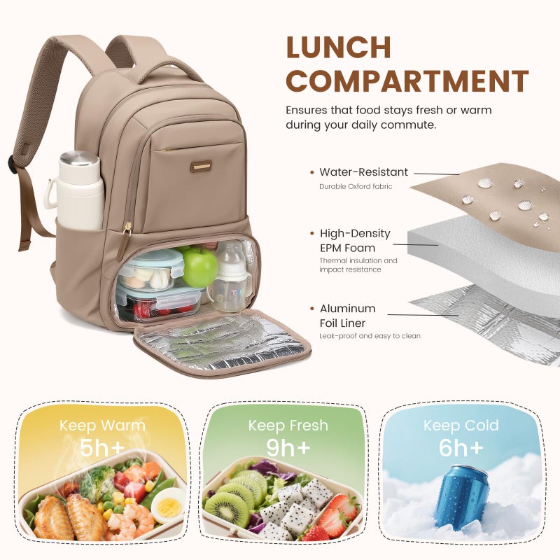 GOLF SUPAGS Lunch Backpack 16 Inch Laptop Backpack with Insulated Cooler Lunch Box Food Bag for College Work Camping Picnics (Champagne) - Image 2
