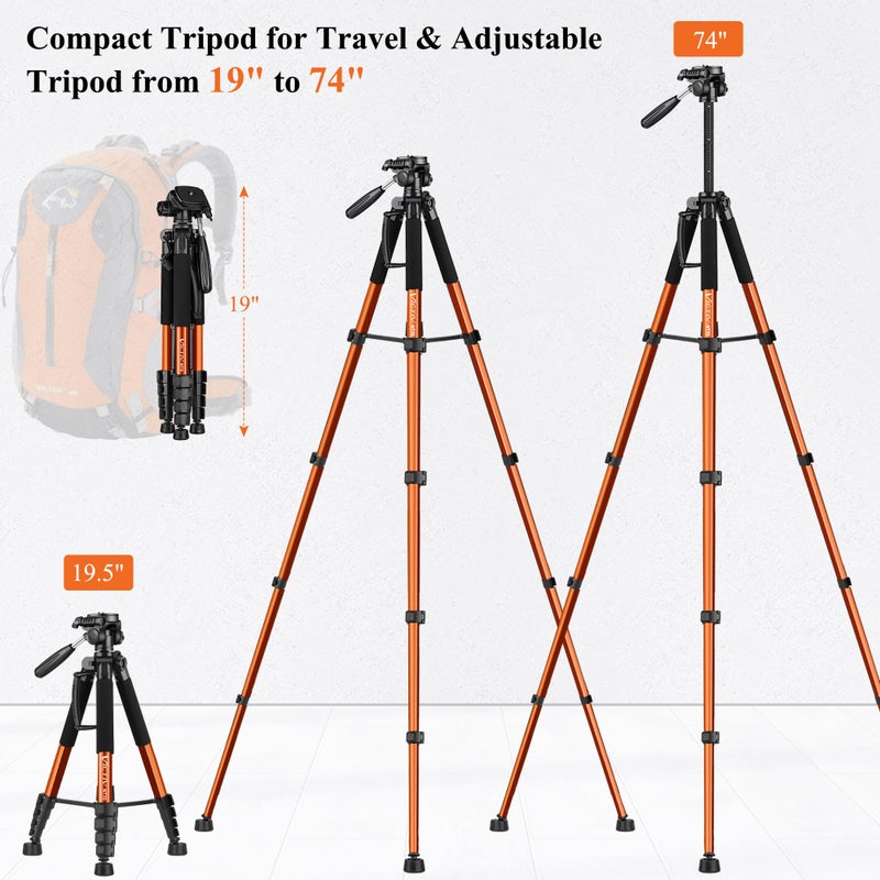 Victiv Tripod 74-Camera-Tripod for Cell Phone, Aluminum Professional Heavy Duty Camera Tripod Stand, Tripod for Camera DSLR SLR with Carry Bag, Compatible with Canon Nikon iPhone - Image 2