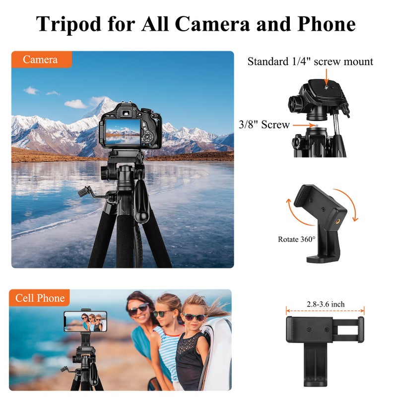Victiv Tripod 74-Camera-Tripod for Cell Phone, Aluminum Professional Heavy Duty Camera Tripod Stand, Tripod for Camera DSLR SLR with Carry Bag, Compatible with Canon Nikon iPhone - Image 3