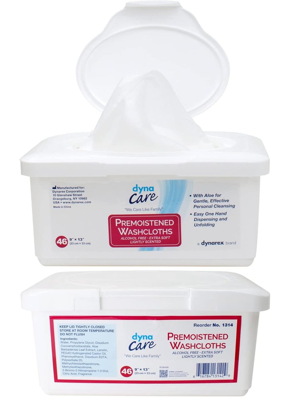 Dynarex Dynarex Personal Cleansing Washcloth - Pre-Moistened Wet Wipes with Lanolin & Aloe Vera - Disposable Sheets for Incontinence, Personal Care, Make-Up Removal, 1 Tub of 46 Wipes 