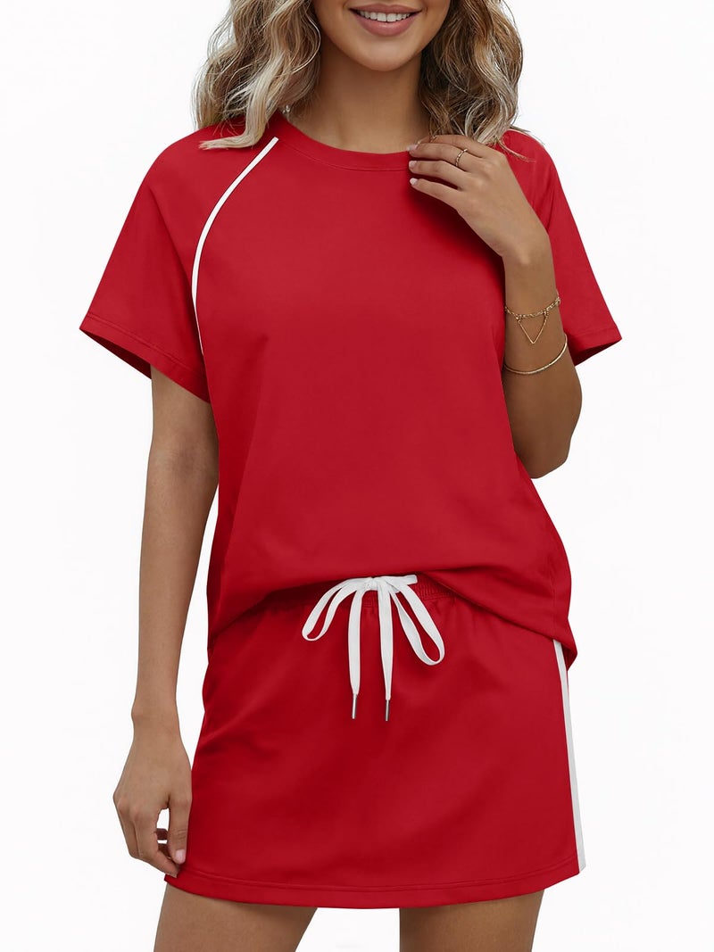 Yousify Womens 2 Piece Skirt Sets Summer Short Sleeve Tops and Tennis Skort Lounge Set Vacation Workout Matching Outfits - Image 2