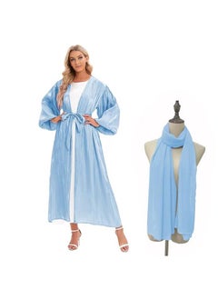 Loquat Puff Sleeve Cardigan Long Sleeve Abaya with Hijab Sky Blue 