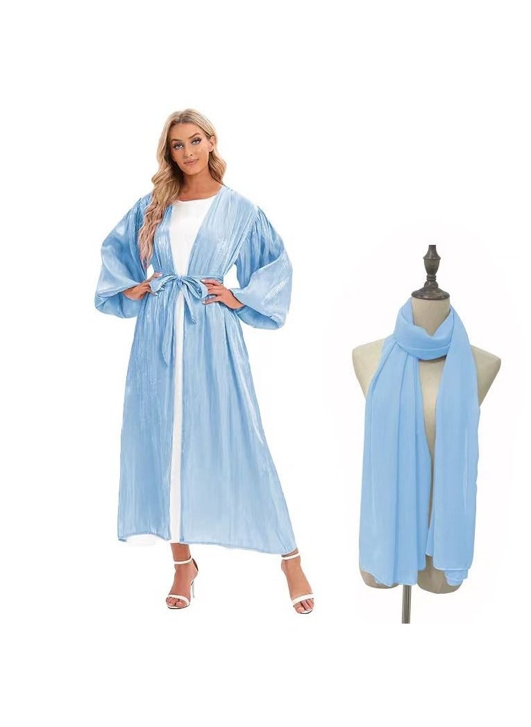 Loquat - Puff Sleeve Cardigan Long Sleeve Abaya with Hijab Sky Blue - Image 1