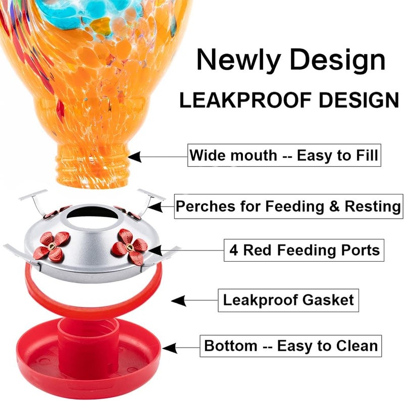 WOSIBO Hummingbird Feeder for Outdoors Patio Large 32 Ounces Colorful Hand Blown Glass Hummingbird Feeder with Ant Moat Hanging Hook, Rope, Brush and Service Card (Blue-Orange) - Image 4