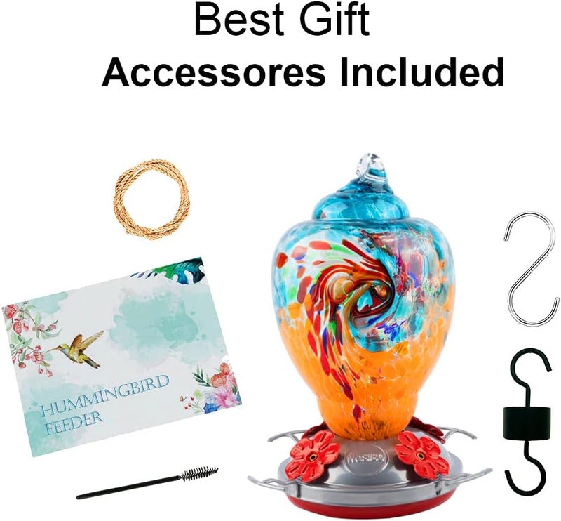 WOSIBO Hummingbird Feeder for Outdoors Patio Large 32 Ounces Colorful Hand Blown Glass Hummingbird Feeder with Ant Moat Hanging Hook, Rope, Brush and Service Card (Blue-Orange) - Image 5