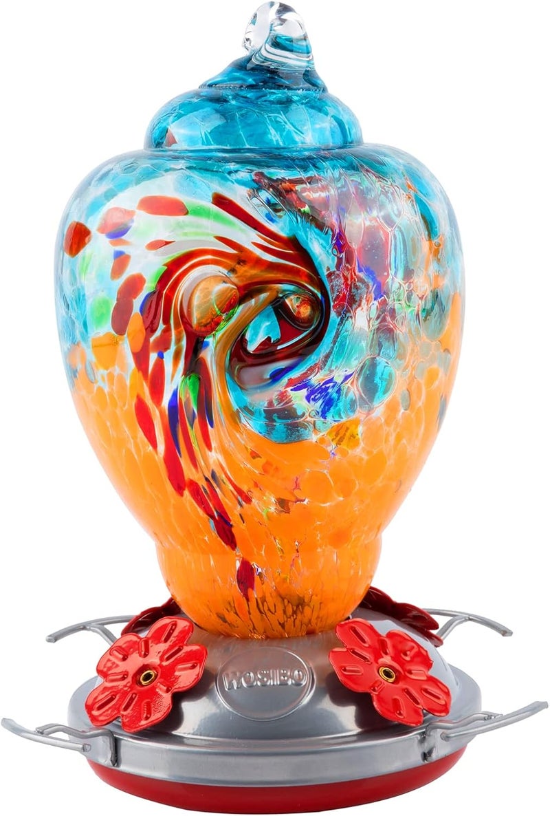 WOSIBO Hummingbird Feeder for Outdoors Patio Large 32 Ounces Colorful Hand Blown Glass Hummingbird Feeder with Ant Moat Hanging Hook, Rope, Brush and Service Card (Blue-Orange) - Image 1