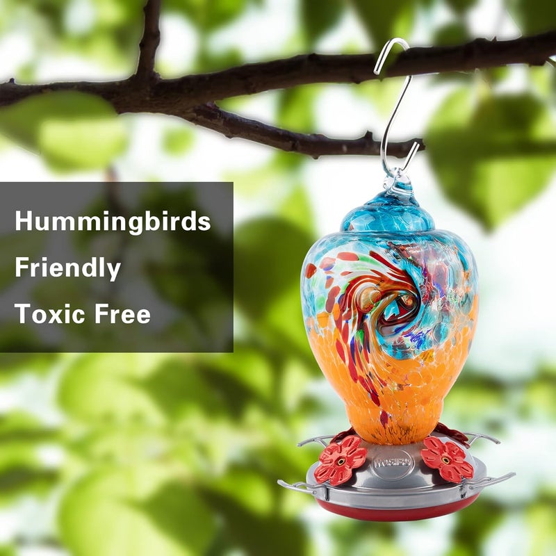 WOSIBO Hummingbird Feeder for Outdoors Patio Large 32 Ounces Colorful Hand Blown Glass Hummingbird Feeder with Ant Moat Hanging Hook, Rope, Brush and Service Card (Blue-Orange) - Image 3