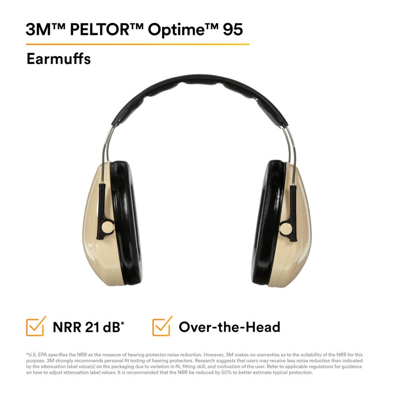 3M Peltor H6AV Optime 95 Over the Head Noise Reduction Earmuff, Hearing Protection, Ear Protectors, NRR 21dB, Ideal for Machine Shops and Power Tools, Beige - Image 2