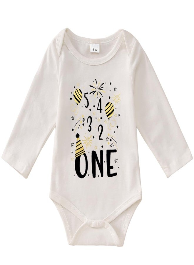 KEKEMI First New Year Romper Infant Baby Boy Girl 5 4 3 2 ONE New Year Shirt Holiday Long Sleeve Bubble Tees Tops Outfit(White,6-12Months) - Image 1