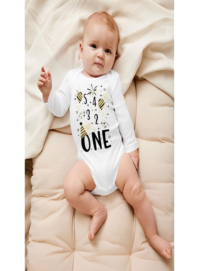 KEKEMI First New Year Romper Infant Baby Boy Girl 5 4 3 2 ONE New Year Shirt Holiday Long Sleeve Bubble Tees Tops Outfit(White,6-12Months) - Image 3