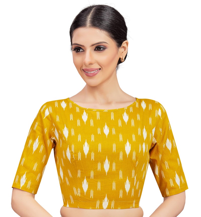 Studio Shringaar Women's Yellow Cotton Ikat Printed Elbow Length Sleeves Saree Blouse (Yellow, 40) - Image 1