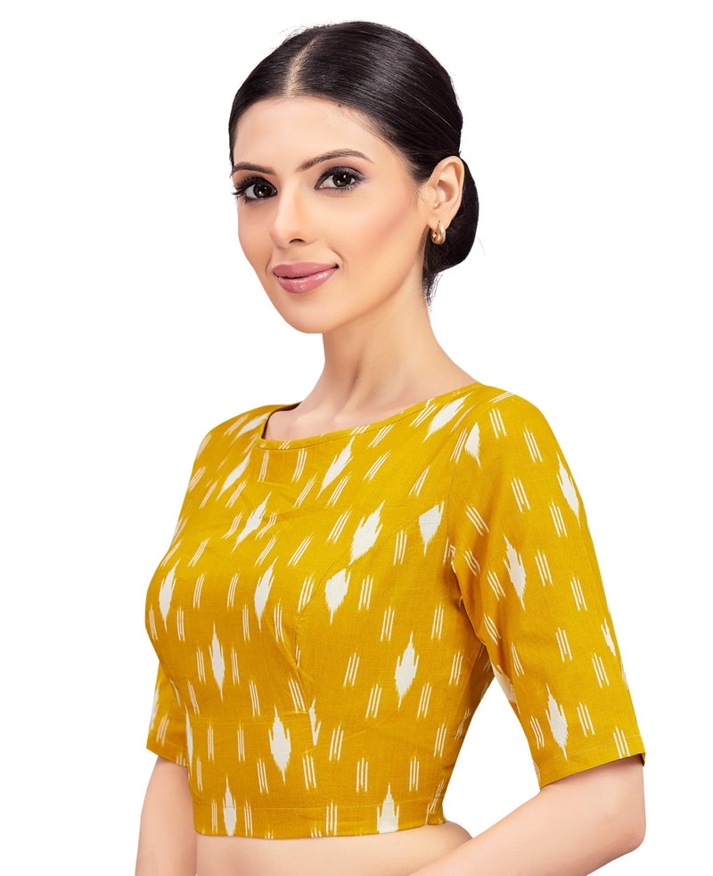 Studio Shringaar Women's Yellow Cotton Ikat Printed Elbow Length Sleeves Saree Blouse (Yellow, 40) - Image 3